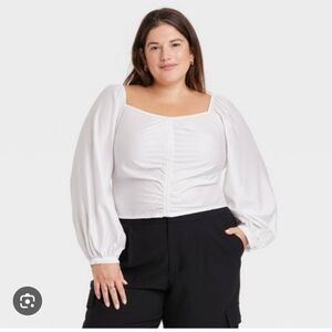 NWT Women's Long Balloon Sleeve Slim Fit Ruched Front Top - a New Day™ White XXL